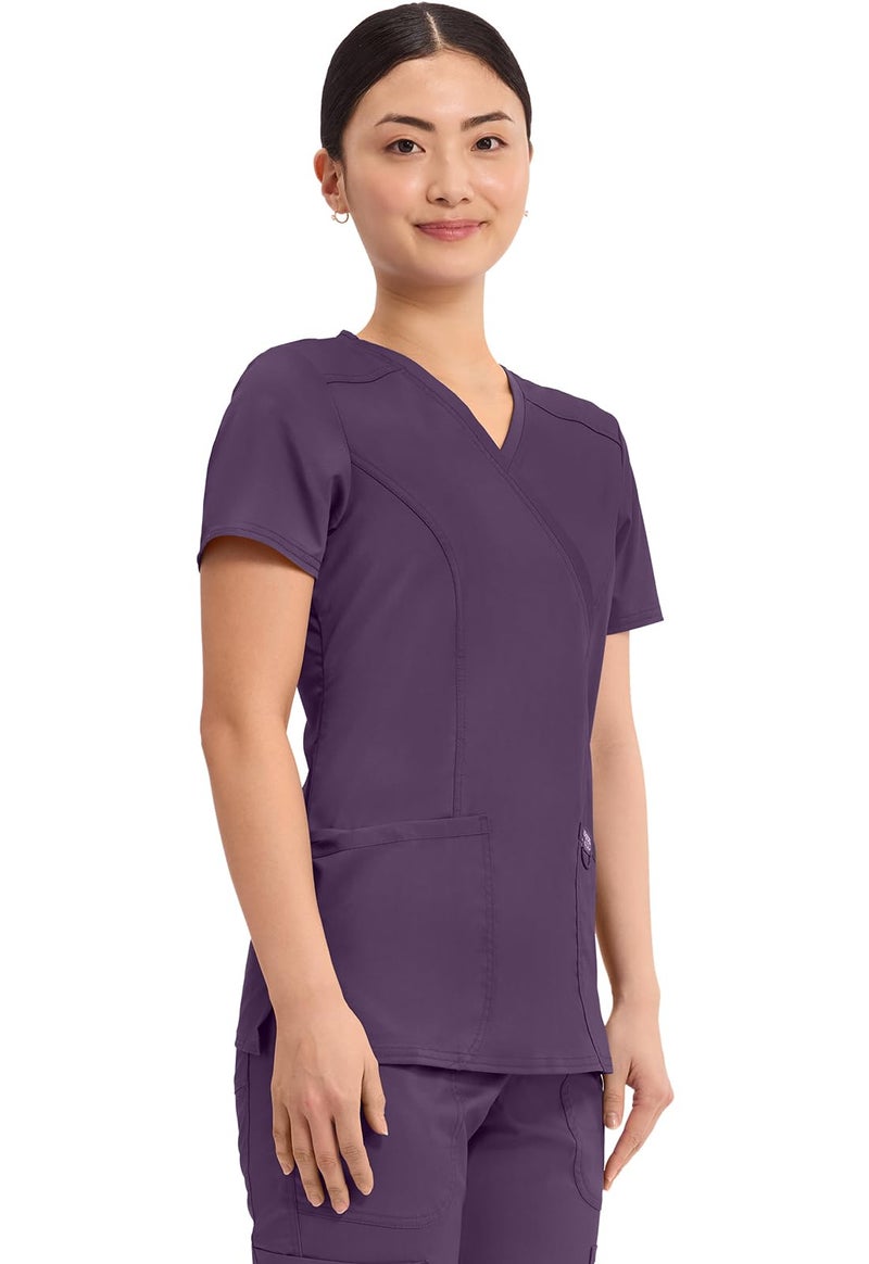 Cherokee Scrubs Top for Women Mock Wrap with 3 Pockets, Soft, 2-Way Stretch & Durable Fabric - WW610, XS, Eggplant - Image 4
